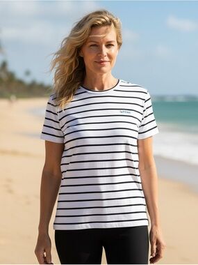 Women's White & Black Striped Crewneck Tee